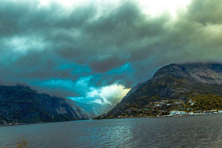 mountains, norway, nature, view, sea, landscape, clouds