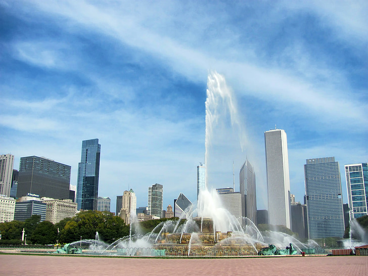 Chicago, Illinois, Buckingham Fountain, Skyline, staden, städer, Urban