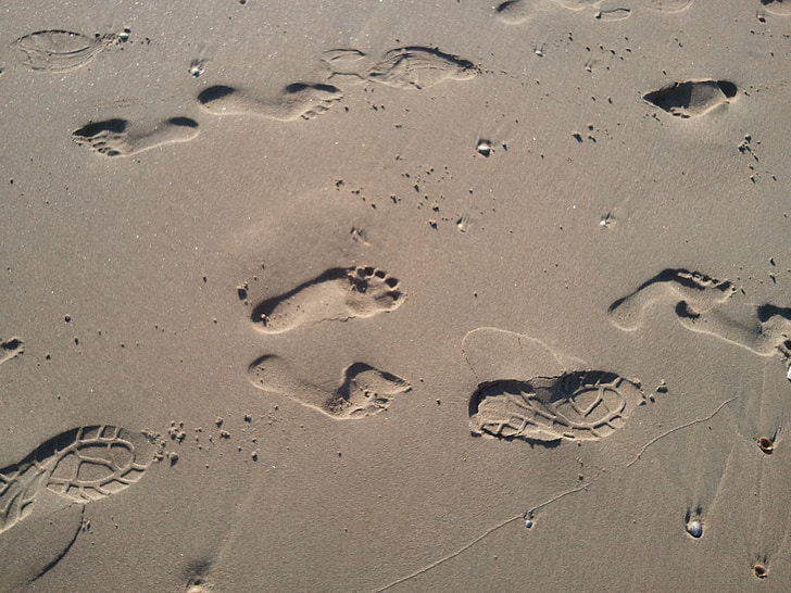 paplūdimys, smėlio, žygiai pėsčiomis, pėdomis, sekti