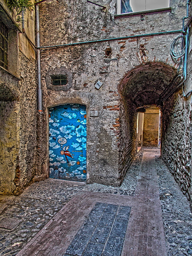 Albenga, torget, Piazza, Italien, Ligurien, dörr, målning