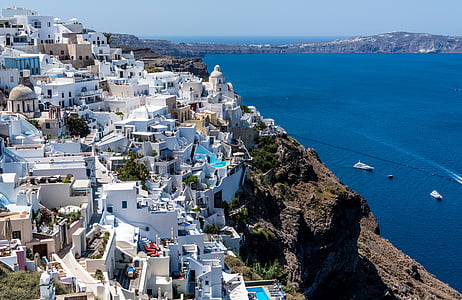 Santorini, Oia, Görögország, utazás, építészet, fehér, kék