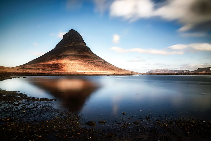 kirkjufell, Ісландія, Гора, небо, хмари, озеро, води