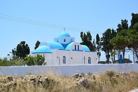 Igreja grega, azul, teto abobadado, ortodoxia