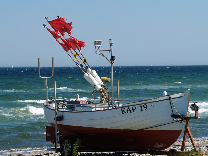 fishing boat, beach, buoys, baltic sea, water