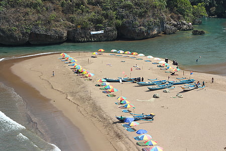beach, beach umbrellas, boats, daylight, island, landscape, leisure