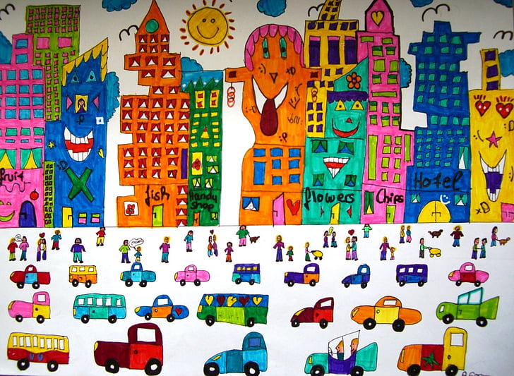 vaizdas, dažytos, automobiliai, Miestas, dangoraižių, spalvinga, spalva