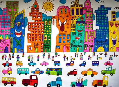 imagen, pintado, autos, ciudad, rascacielos, colorido, Color