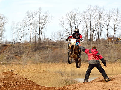 Dirt bike, motorfiets, modder, actie, gevaarlijke, -stap-springen, motorcross