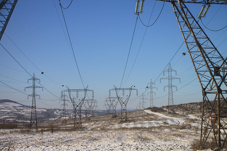 electrical, energy, high, lines, poles, power, snow