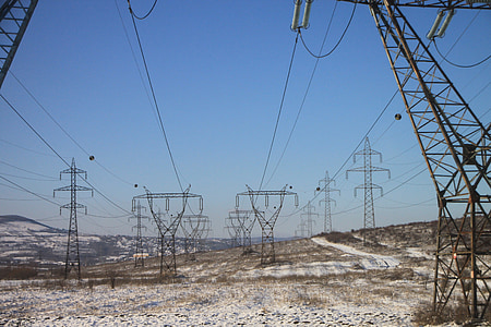 elektrische, Energie, hoch, Linien, Polen, macht, Schnee