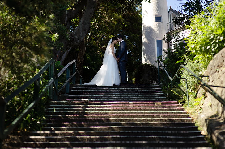 marié, couple, béton, escaliers, entouré, arbres, amour