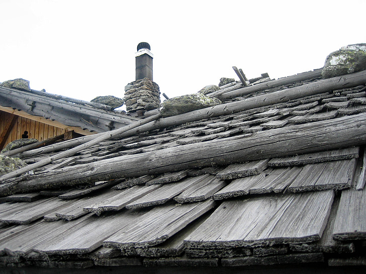 taket, hytta, alpint, grus, steiner, tradisjonelt, grå
