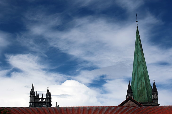 steeple, sky, blue, clouds, church, building, spires