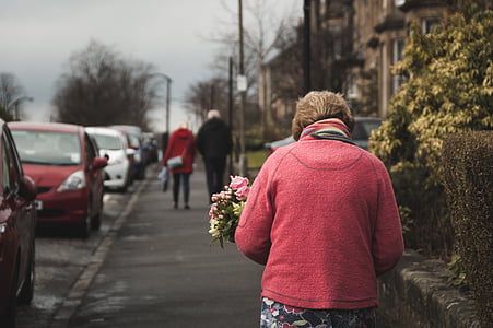 people, old, woman, walking, flower, sidewalk, car