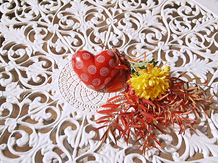 heart, red, iron lace, white, flower bunch, leaves, chrysanthemum