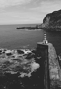 plaj, siyah-beyaz, Dock, ada, manzara, Deniz feneri, doğa