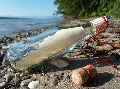eine Flaschenpost, Bereitstellen, Flasche, Sand, Strand, Glas, Nachricht