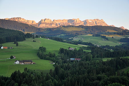 Suïssa, natura, paisatge, muntanya, posta de sol, foresy, ferrocarril