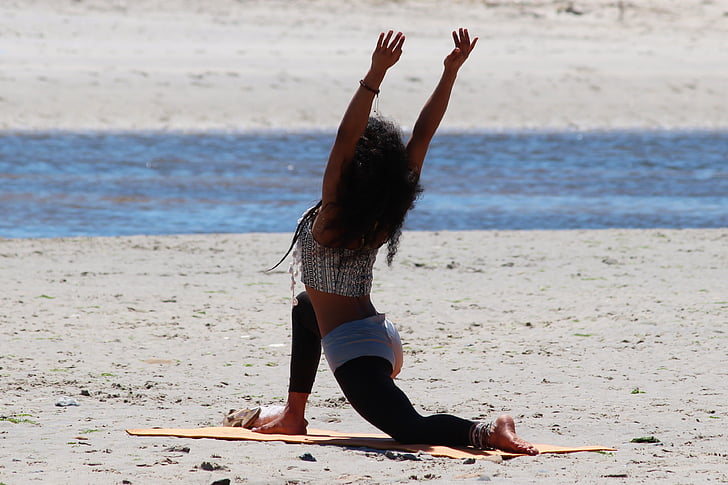 Yoga, kvinne, stranden, avslapning, sand, sporty, vakker