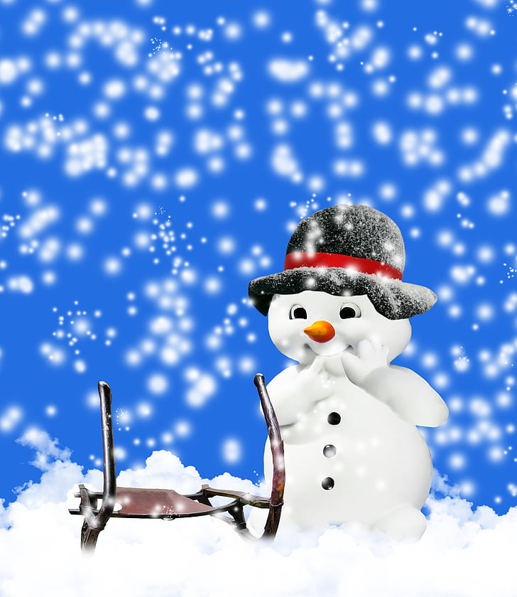 winter, snow, wintry, snow man, slide, snowfall, hat