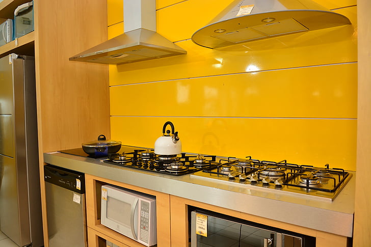кухня, записващо устройство, жълто, печка, вътрешни кухня, уреда, модерни