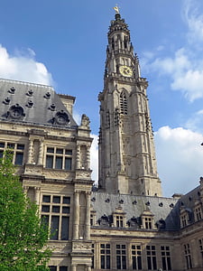 Arras, campanário, Câmara Municipal, topo do campanário, relógio, Torre, Monumento