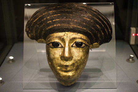 museet, masken, antika, egyptiska, begravning, kvinna, guld