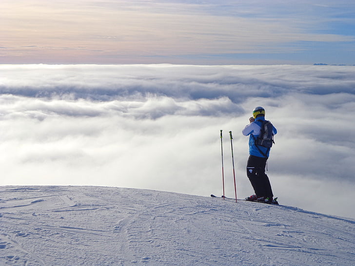 Slovenija, Krvavec, Skiën, skiër, mist, bijhouden, zonsondergang