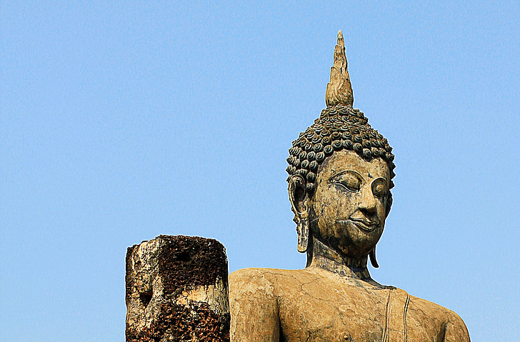 Buda, pedra, cabeça de Buda, Templo de, céu, cinza, Tailândia