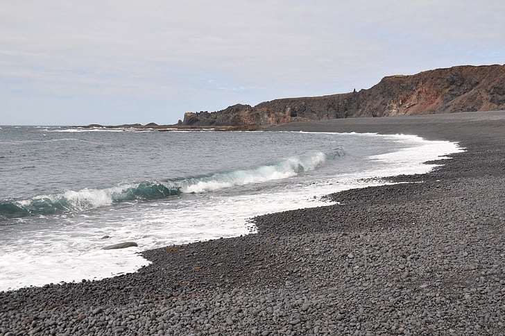Islândia, lava, praia, água, rocha, pedra preta