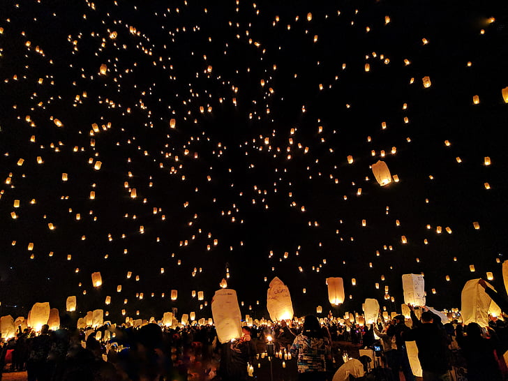 dark, night, fire, lantern, sky, celebration, party