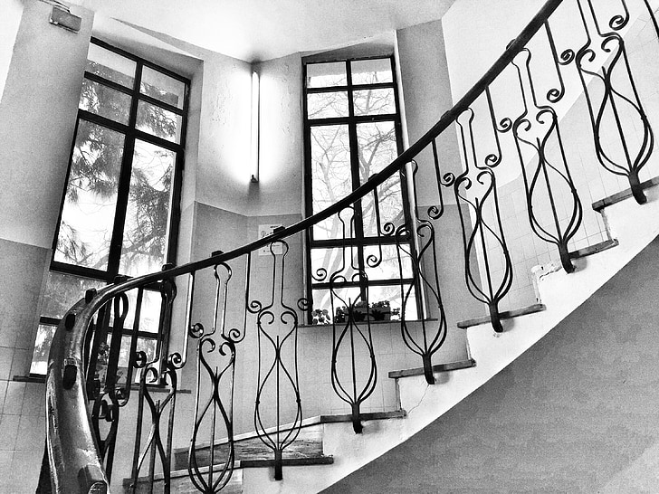 lépcsők, fekete-fehér, lépések, belső, lépcső, építészet, lépcső
