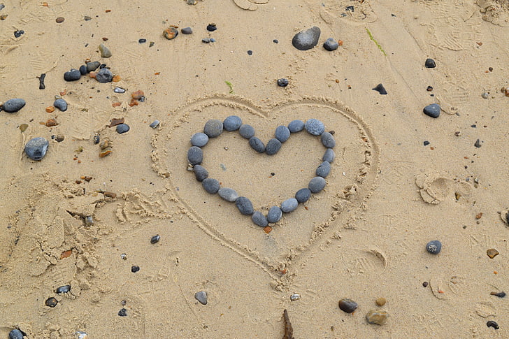 srce, kamenje, pijesak, oblik, ljubav, šljunčana, plaža