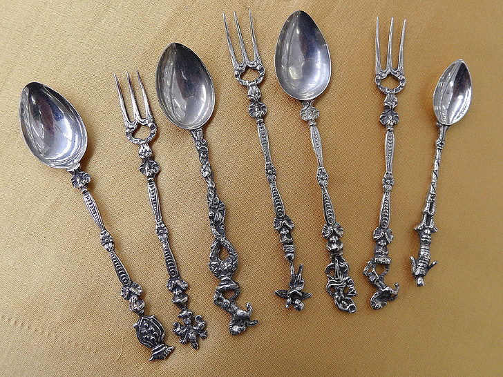 cutlery, fork, spoon, table, silver, silverware, shiny
