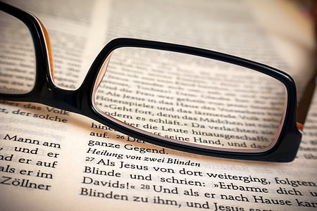 Bíblia, llibre, close-up, ulleres, ulleres, pàgina, document