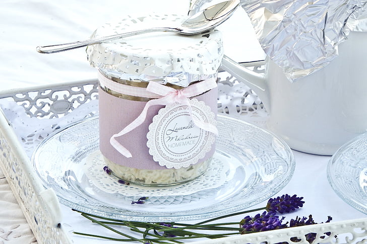dessert, glass, plate, lavender, idyll, romantic, sweet dish