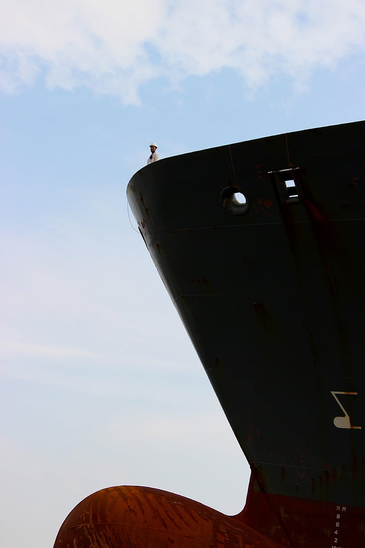 ship, freighter, bug, gigantic, sky, big and small, man on boat