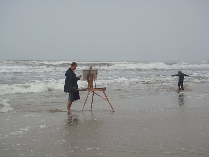 artist, posing, painting, paint, sea, beach, child