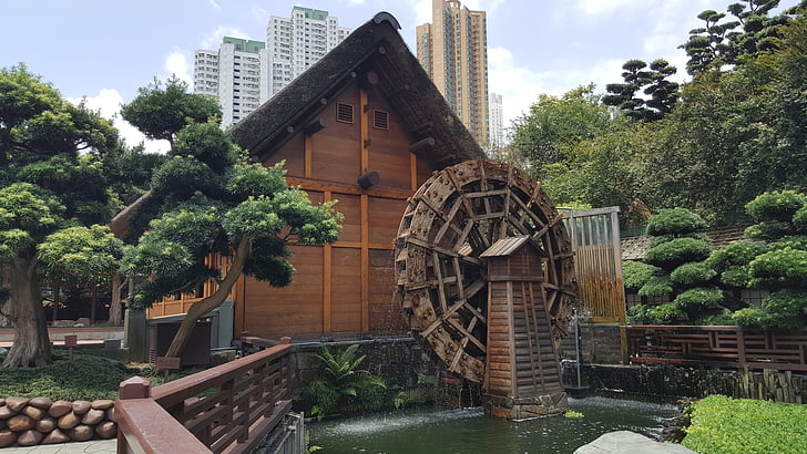 Parque, Zen, Japonés, rueda de agua