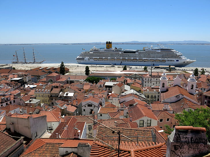 круизен кораб, порт, Лисабон, Стария град, покриви, круиз, празник