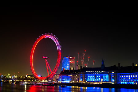 London eye, noč, mesto, London, reka, Thames, mejnik