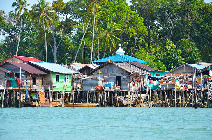 village de pêcheurs, pêche, village, échasses, huttes, palmiers