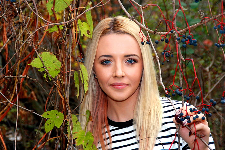 girl, portrait, blue eyes, blond, leaf, beauty, smile