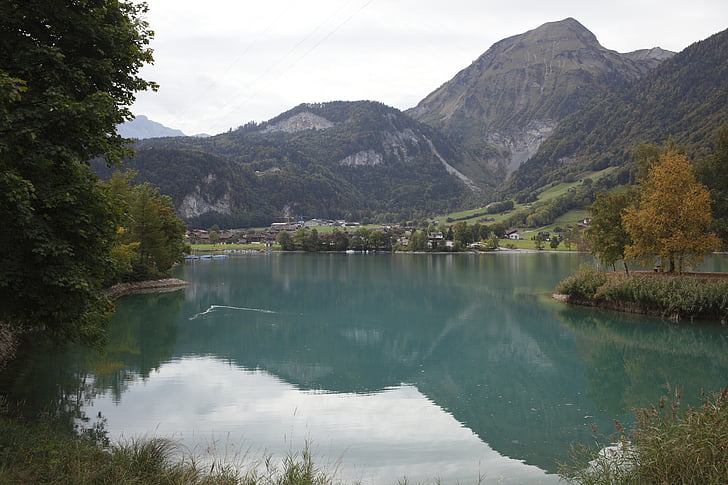 Švýcarsko, Rungan, jezero, reflexe, Hora, zelená, podzim