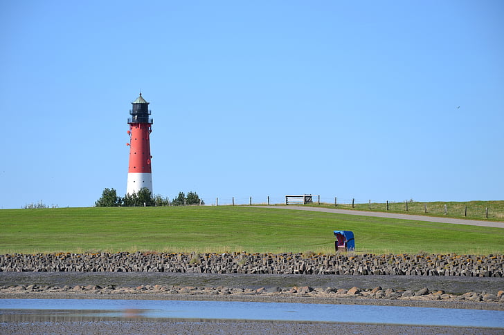 blue, red, white, green, lighthouse, wadden sea, pellworm