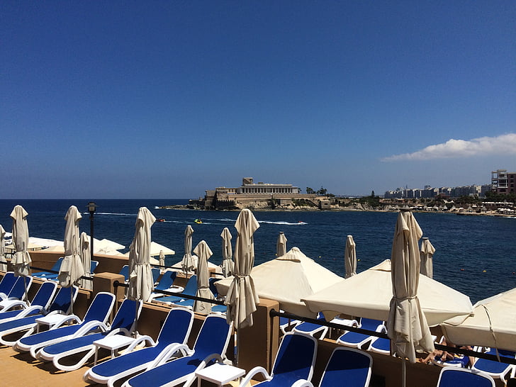 malta, lounge chairs, parasol, the mediterranean sea, summer, holidays, beach