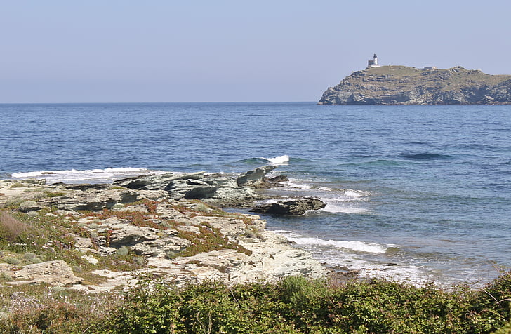 corsican, lighthouse, beach, side, sea, landscape