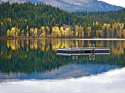 езеро, спокойствие, отражение, платформа, мирни, все още, пейзаж