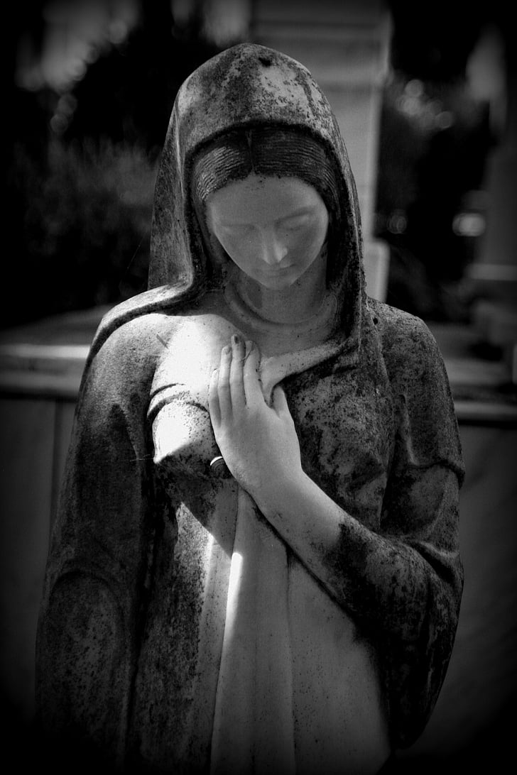 Mergelės Marijos, statula, moteris, juoda ir balta, žmonės, koncepcijas ir idėjas, Vaizduojamasis menas