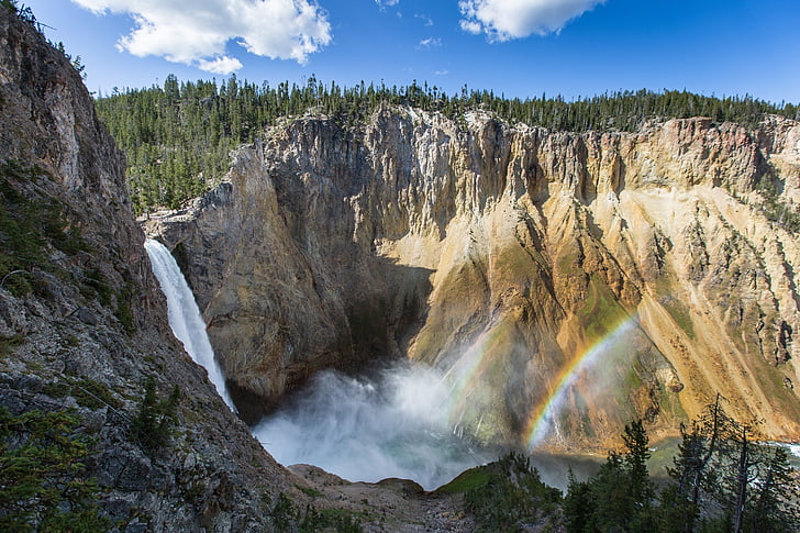 Dvojlôžková dúha, vodopád, Yellowstone falls, Yellowstone national park, Wyoming, USA, vody
